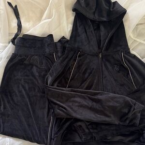 VS Black Velour Zip Hoodie & Pants Set with Rhinestone Detail - M